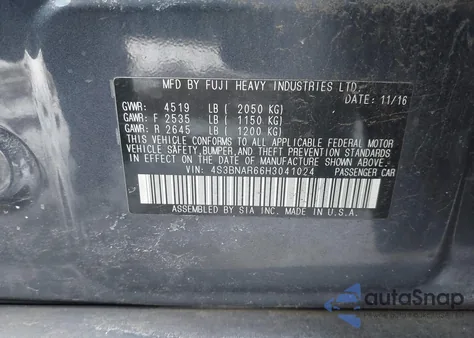 2017 Subaru Legacy 2.5I Sport z USA, uszkodzony, nr VIN 4S3BNAR66H3041024